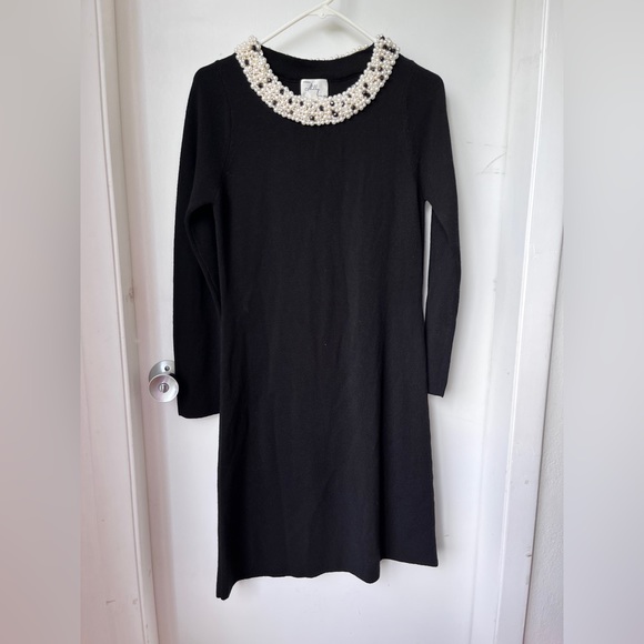 MILLY Women's Black Knit Pearl Trim Dress sz M - Picture 8 of 12